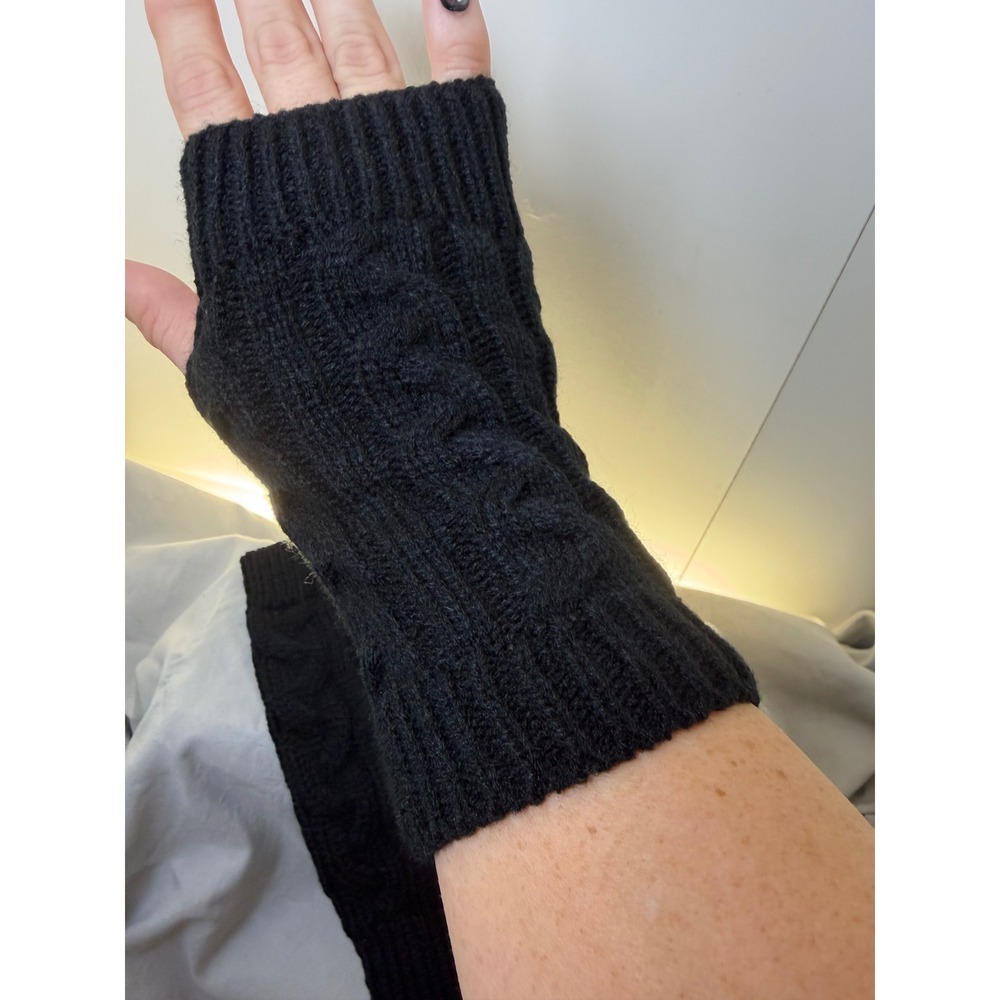 Black Cable Knit Fingerless Gloves Thumb Hole Arm‎ Warmers Winter Mittens